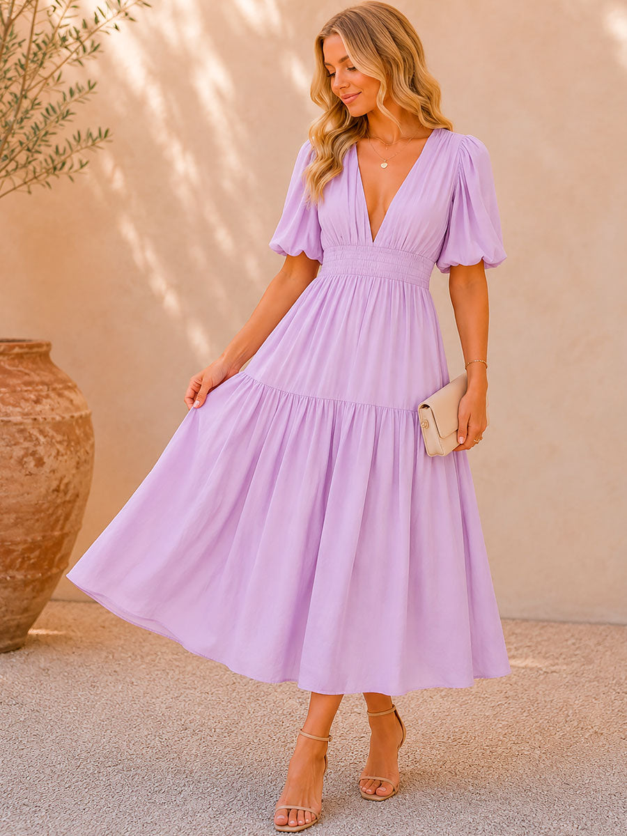 Damen Taillenkleid mit V-Ausschnitt in Midilänge Jully