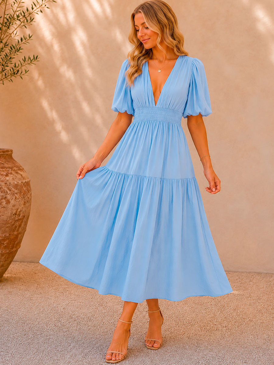 Damen Taillenkleid mit V-Ausschnitt in Midilänge Jully