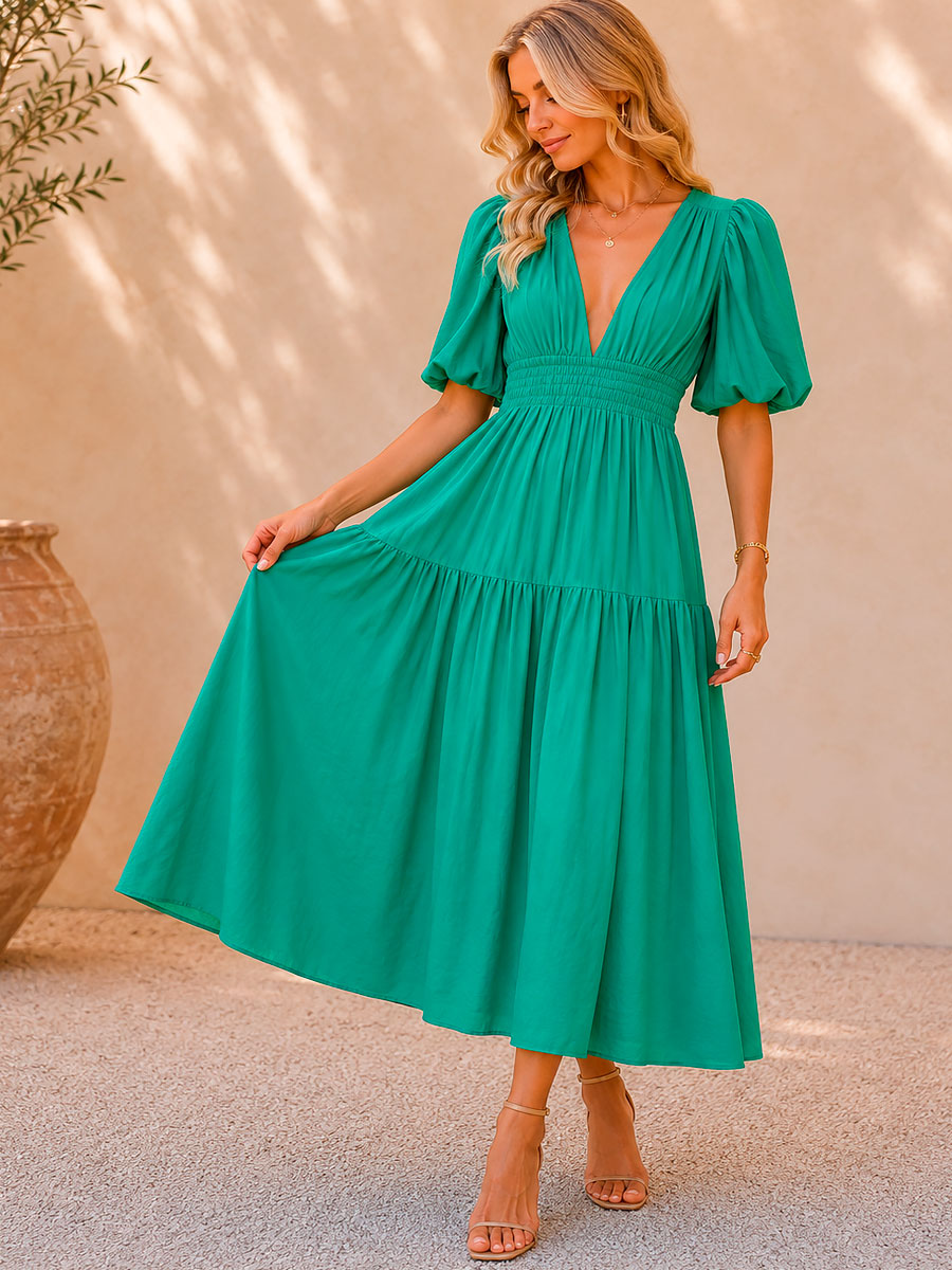 Damen Taillenkleid mit V-Ausschnitt in Midilänge Jully