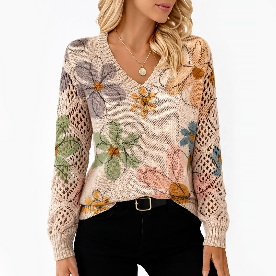 Damen Strickpullover mit Blumenmuster und V Ausschnitt Jully