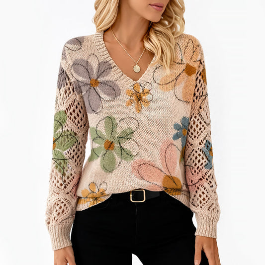Damen Strickpullover mit Blumenmuster und V Ausschnitt Jully