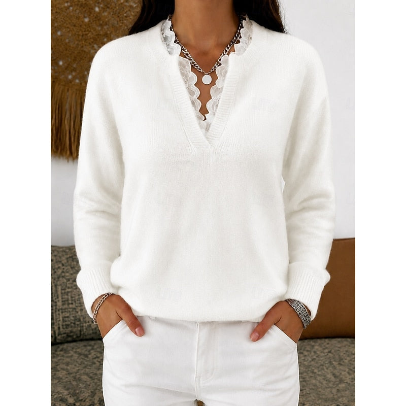 Women's Lace Trim Ribbed V Neck Top