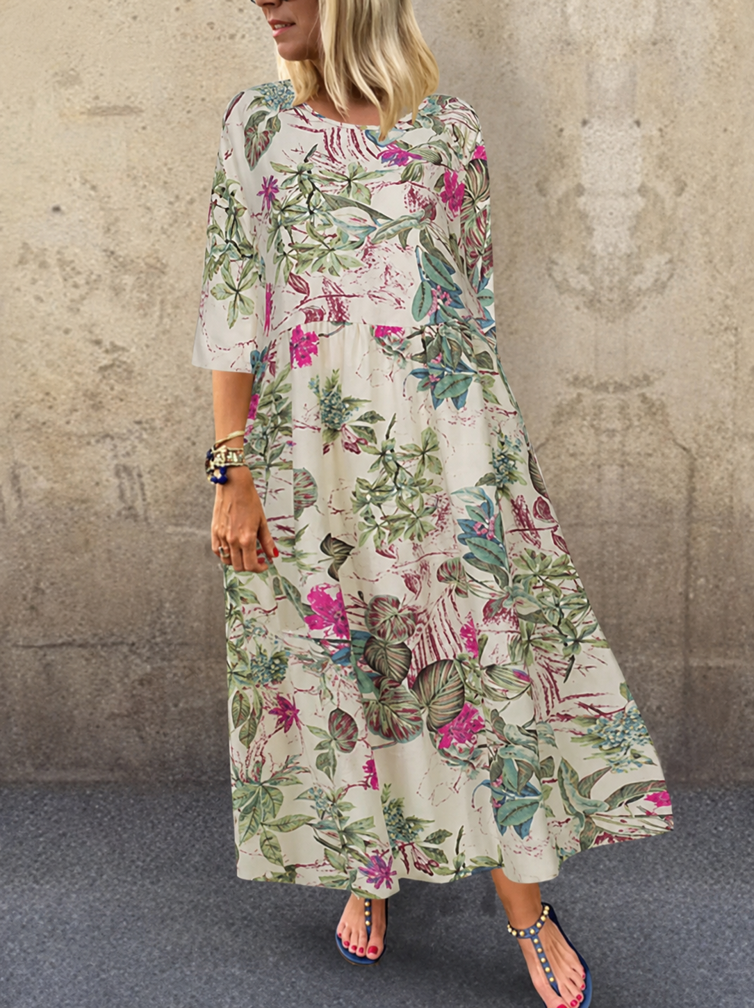 Damen Sommerkleid mit Blumendruck und Dreiviertelärmeln Jully