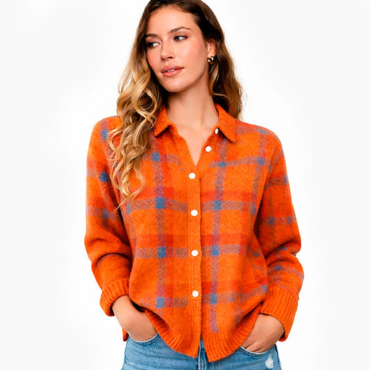Damen Karierte Strickjacke mit Reverskragen und Knöpfen Jully