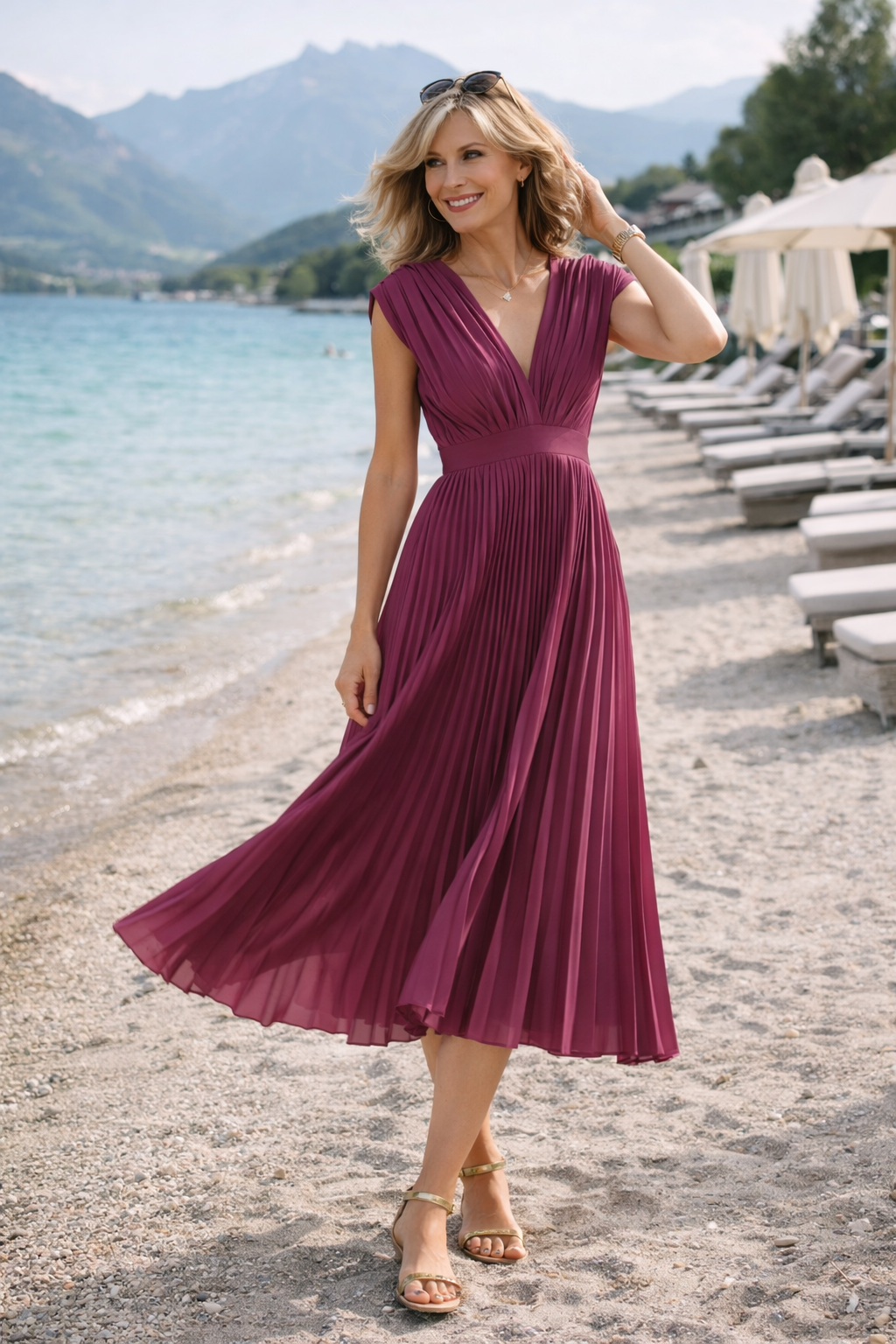 Women's Vintage Neckline Pleated Midi Dress