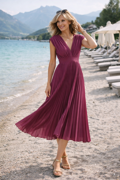 Women's Vintage Neckline Pleated Midi Dress