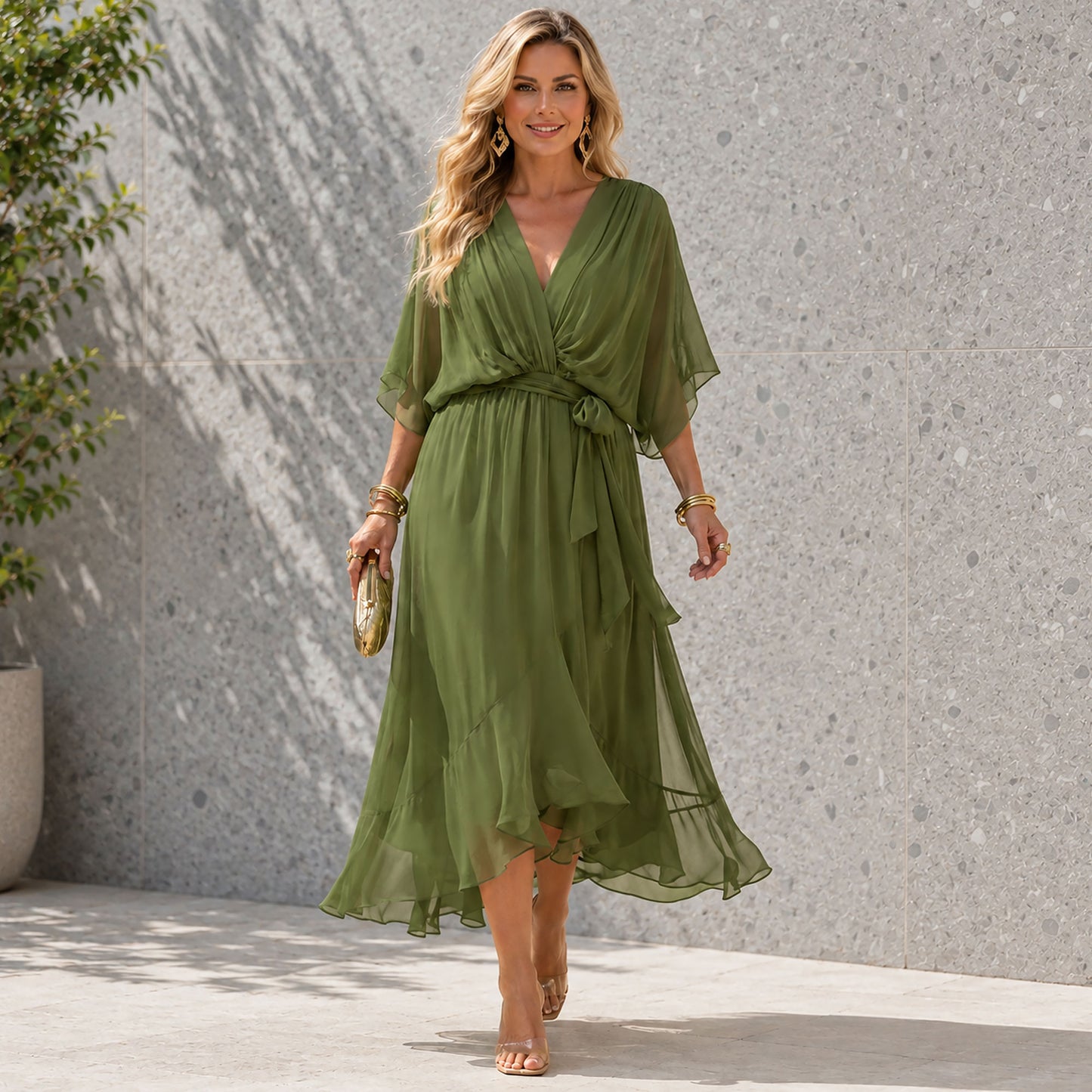 Chiffon-Hochzeitsgastkleid mit V-Ausschnitt Jully