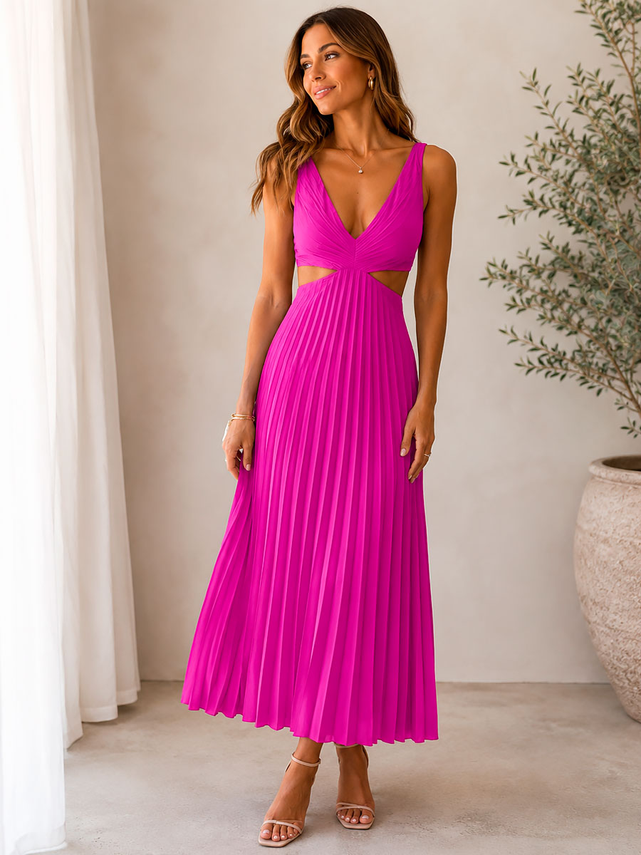 Damen Midi Kleid mit Cutout und Plissees in Schwarz Jully