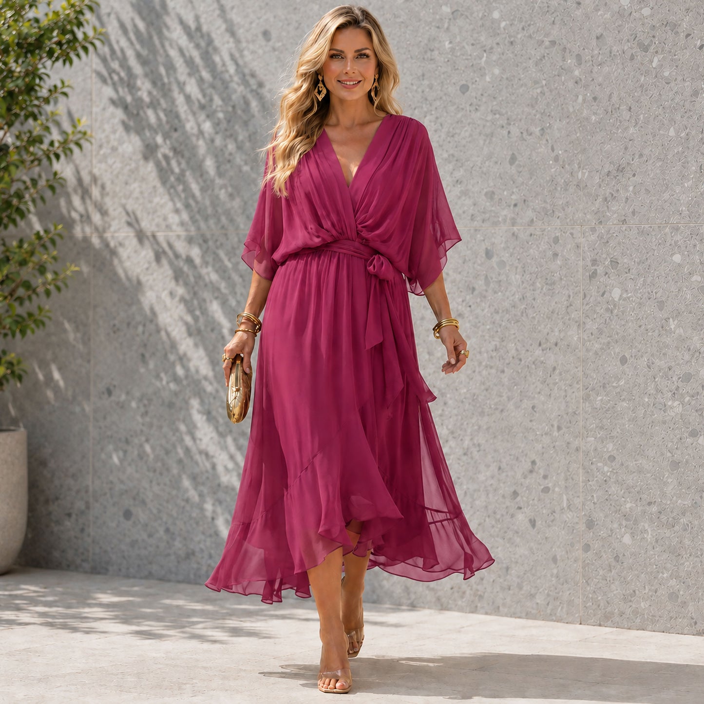 Chiffon-Hochzeitsgastkleid mit V-Ausschnitt Jully