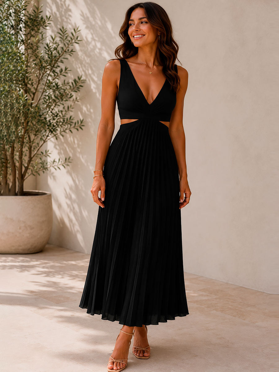 Damen Midi Kleid mit Cutout und Plissees in Schwarz Jully