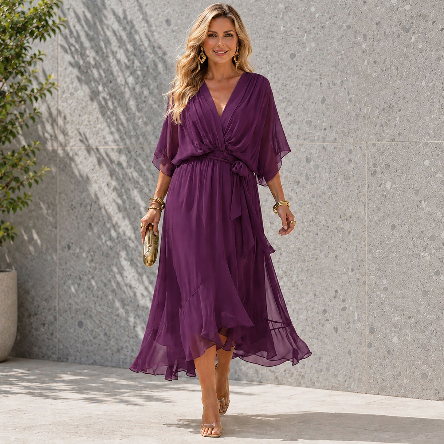 Chiffon-Hochzeitsgastkleid mit V-Ausschnitt Jully