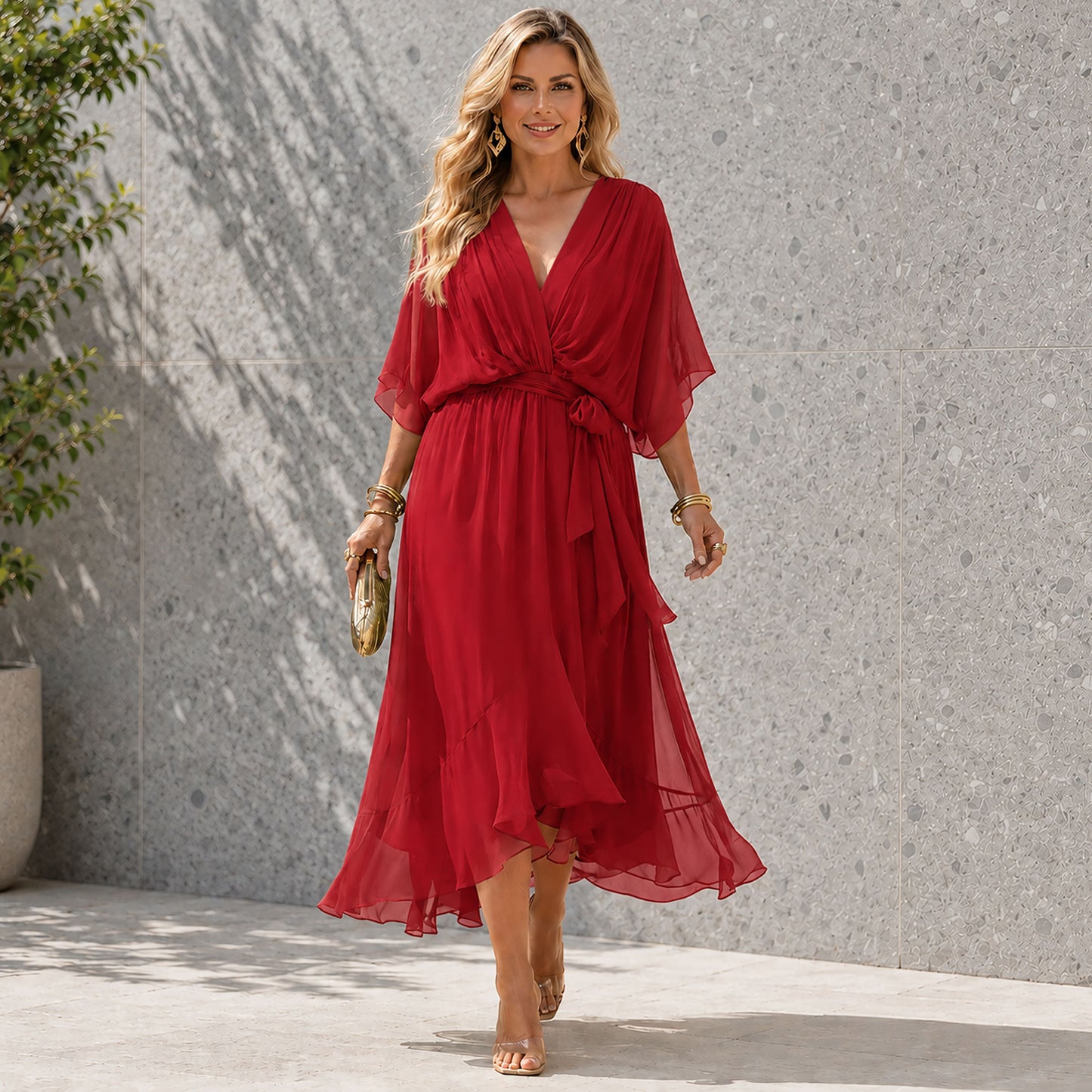 Chiffon-Hochzeitsgastkleid mit V-Ausschnitt Jully