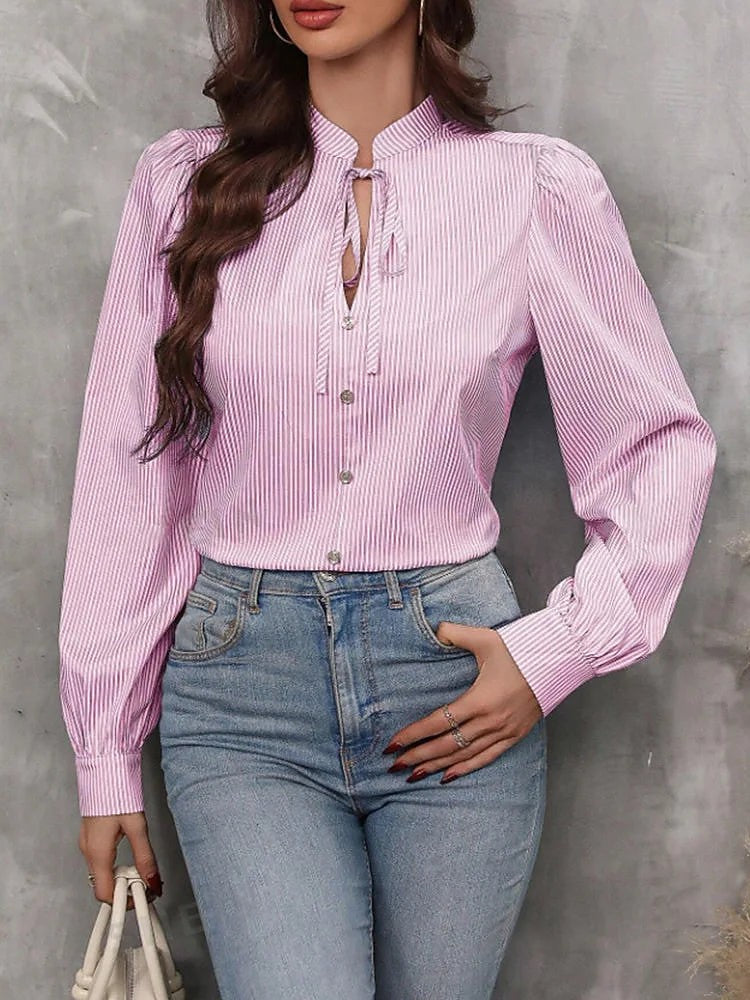 Women's Soft Knit Striped Blouse Tie Sleeve