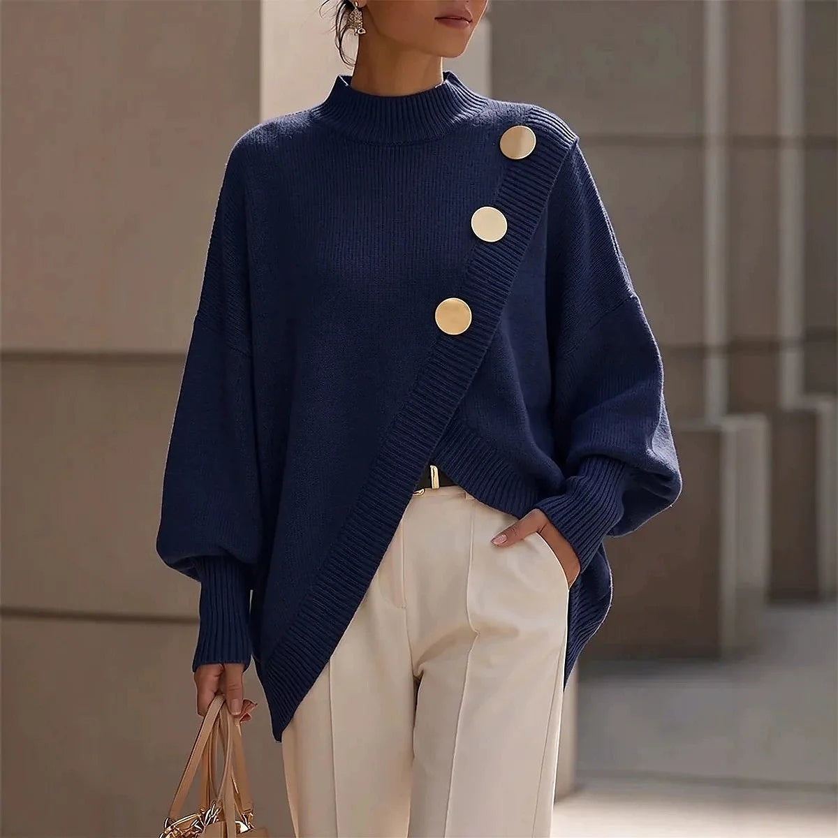 Women's Soft Knit Oversized Mock Neck Hem
