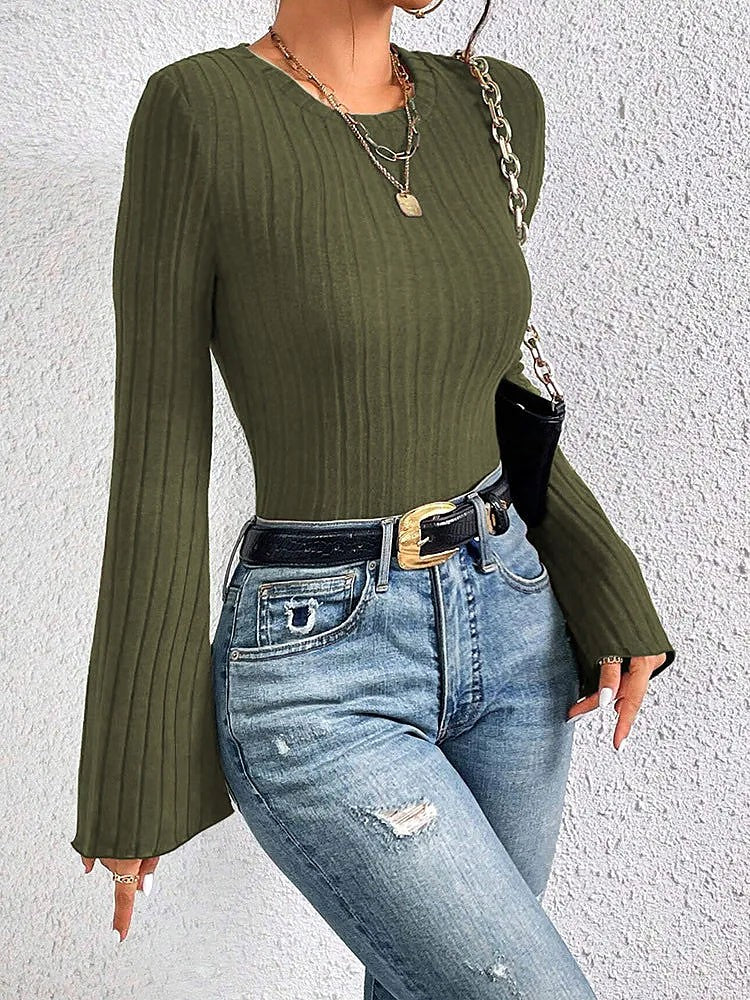 Women's Ribbed Crop Top Bell Sleeve