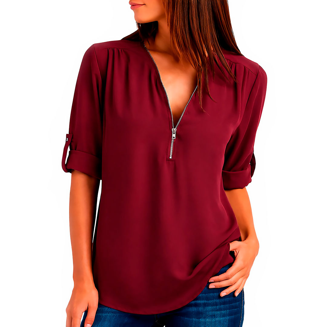 Damen V-Ausschnitt Bluse mit Reißverschluss Jully