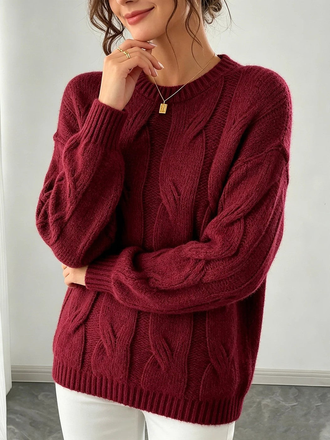 Women's Chunky Braided Cable Sweater Rib Cuff