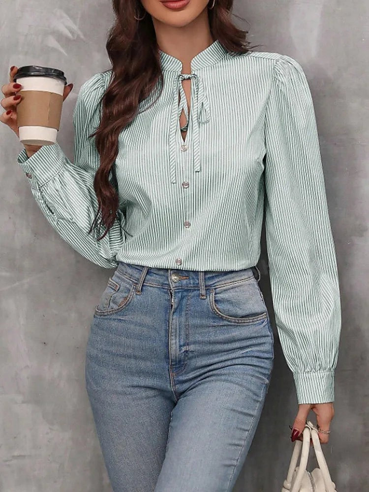Women's Soft Knit Striped Blouse Tie Sleeve