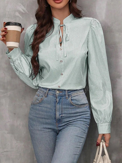 Women's Soft Knit Striped Blouse Tie Sleeve