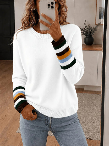 Women's Crew Neck Sweater Contrast Stripe Cuffs