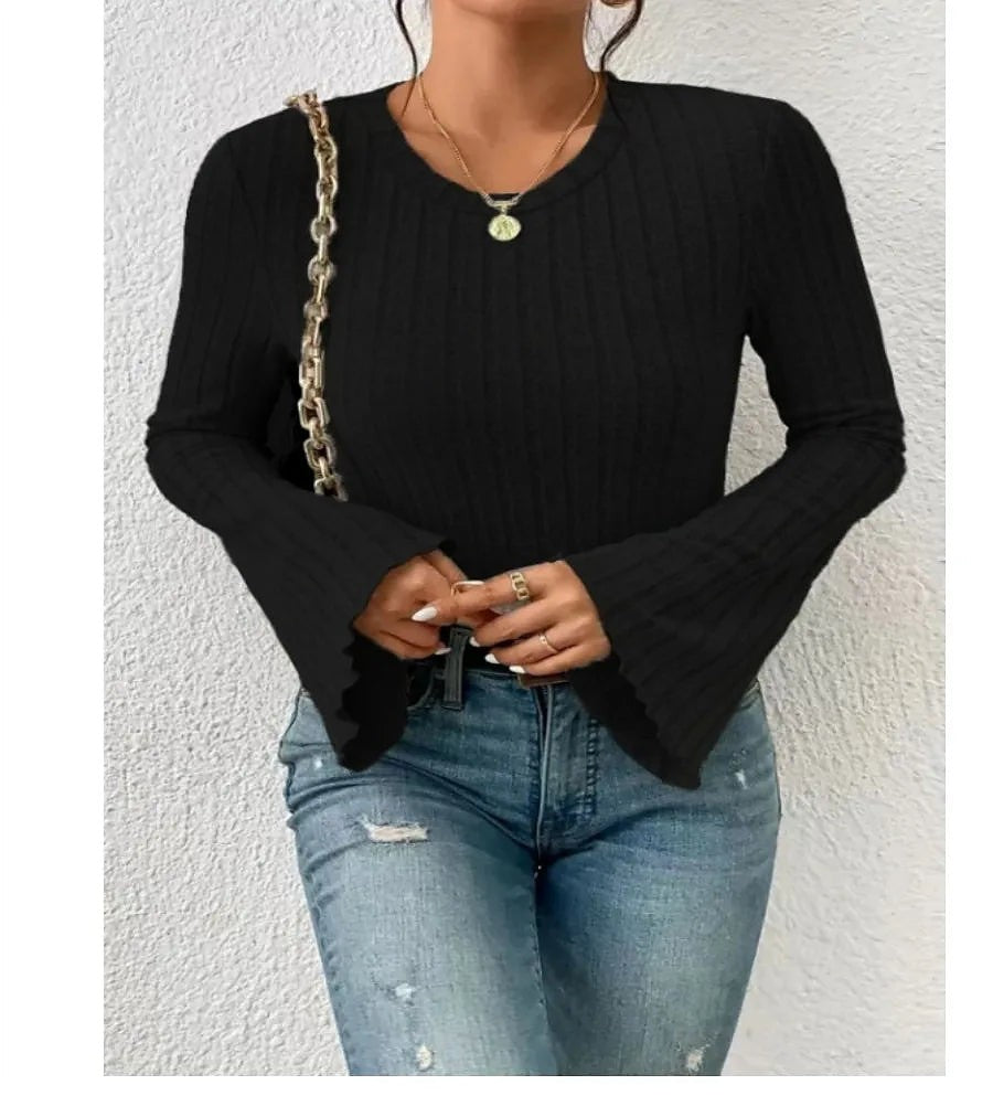 Women's Ribbed Crop Top Bell Sleeve