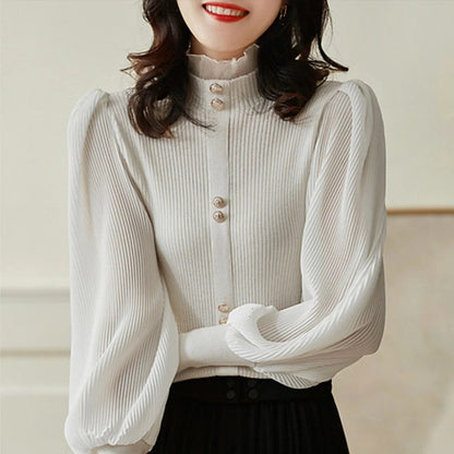 Women's Soft Knit Ruffle Neck Button Sleeve