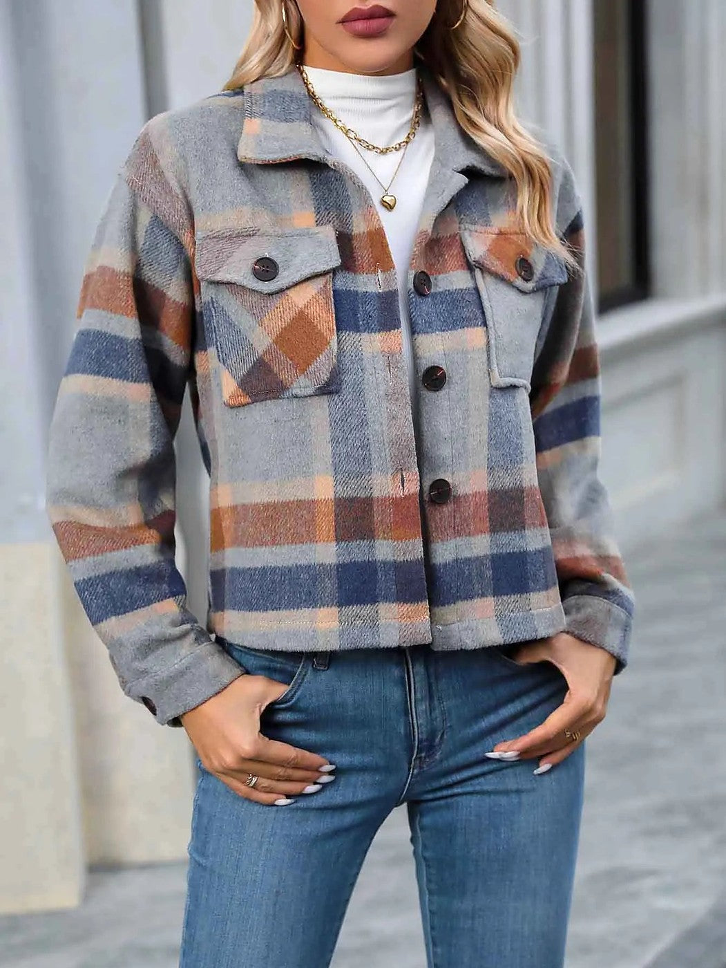 Women's Soft Knit Cropped Plaid Shirt Pockets