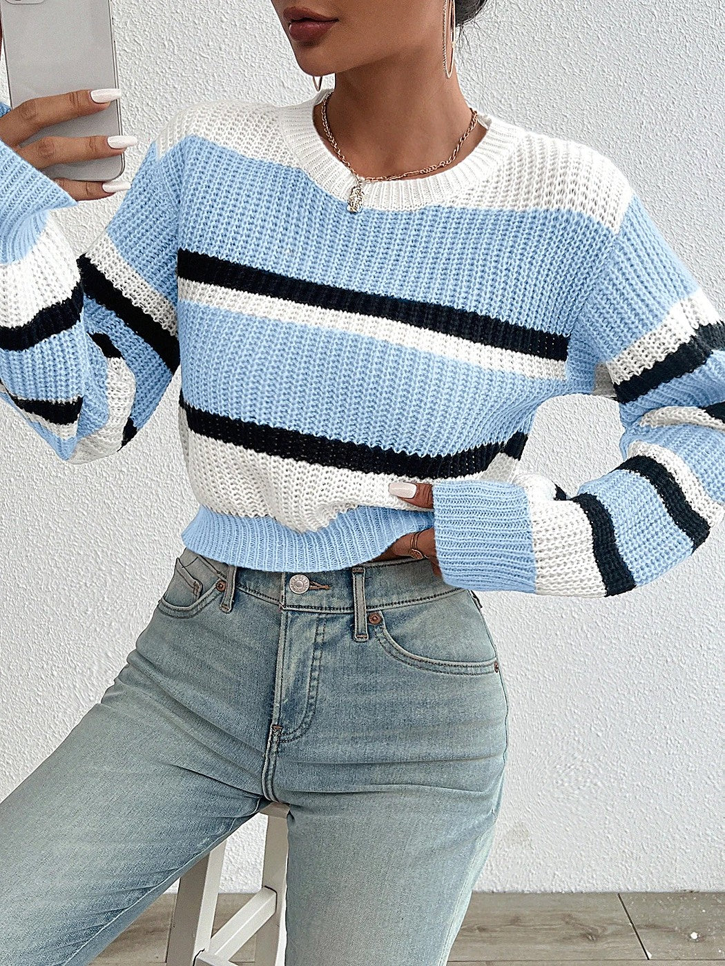 Women's Striped Chunky Rib Sweater Puff Sleeve