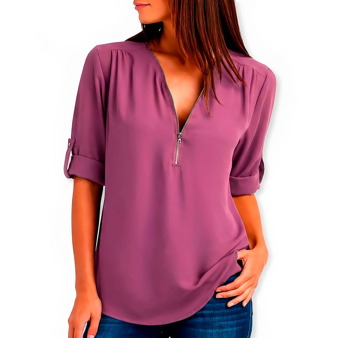 Damen V-Ausschnitt Bluse mit Reißverschluss Jully