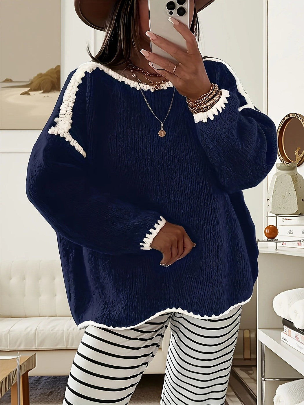 Women's Oversized Fuzzy Crewneck Sweater Contrast Cuffs