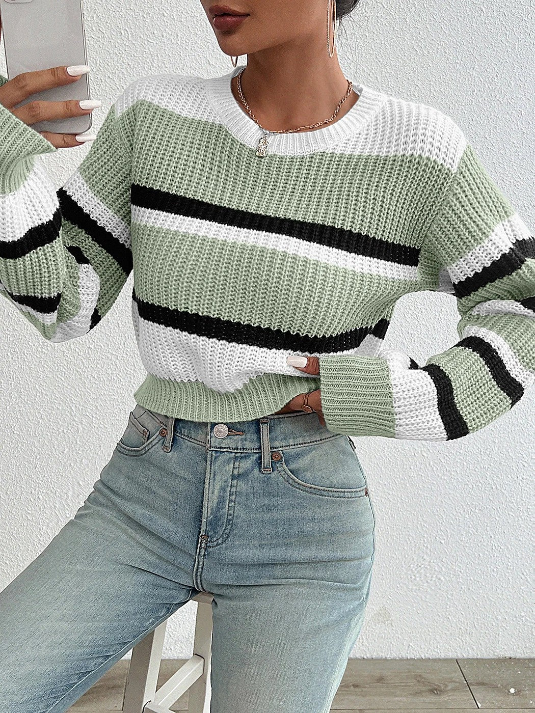 Women's Striped Chunky Rib Sweater Puff Sleeve