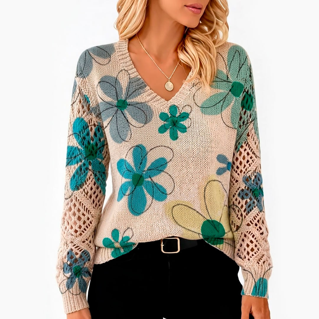 Damen Strickpullover mit Blumenmuster und V Ausschnitt Jully