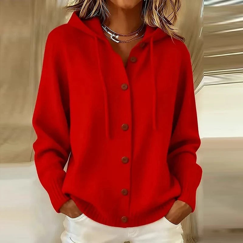 Women's Hooded Button Front Cardigan Drawstring Pockets