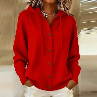 Women's Hooded Button Front Cardigan Drawstring Pockets