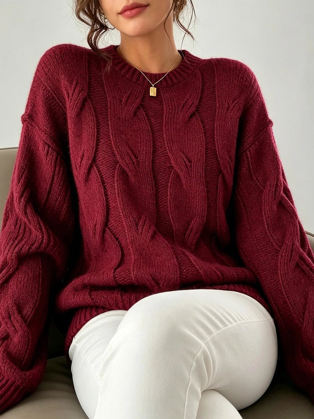Women's Chunky Braided Cable Sweater Rib Cuff