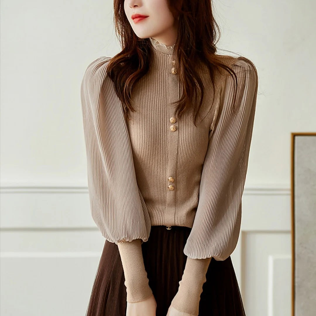 Women's Soft Knit Ruffle Neck Button Sleeve