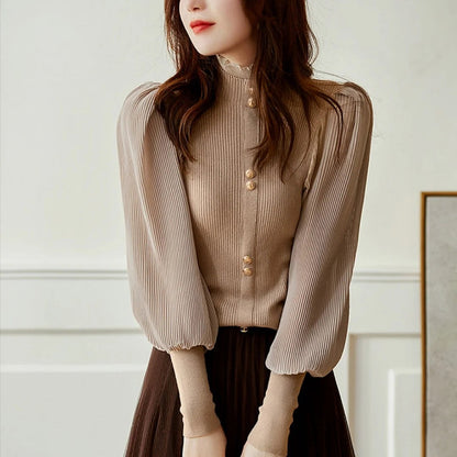 Women's Soft Knit Ruffle Neck Button Sleeve