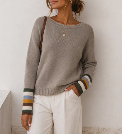 Women's Crew Neck Sweater Contrast Stripe Cuffs