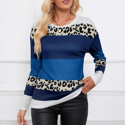 Women's Leopard Print Panel Round Neck Top