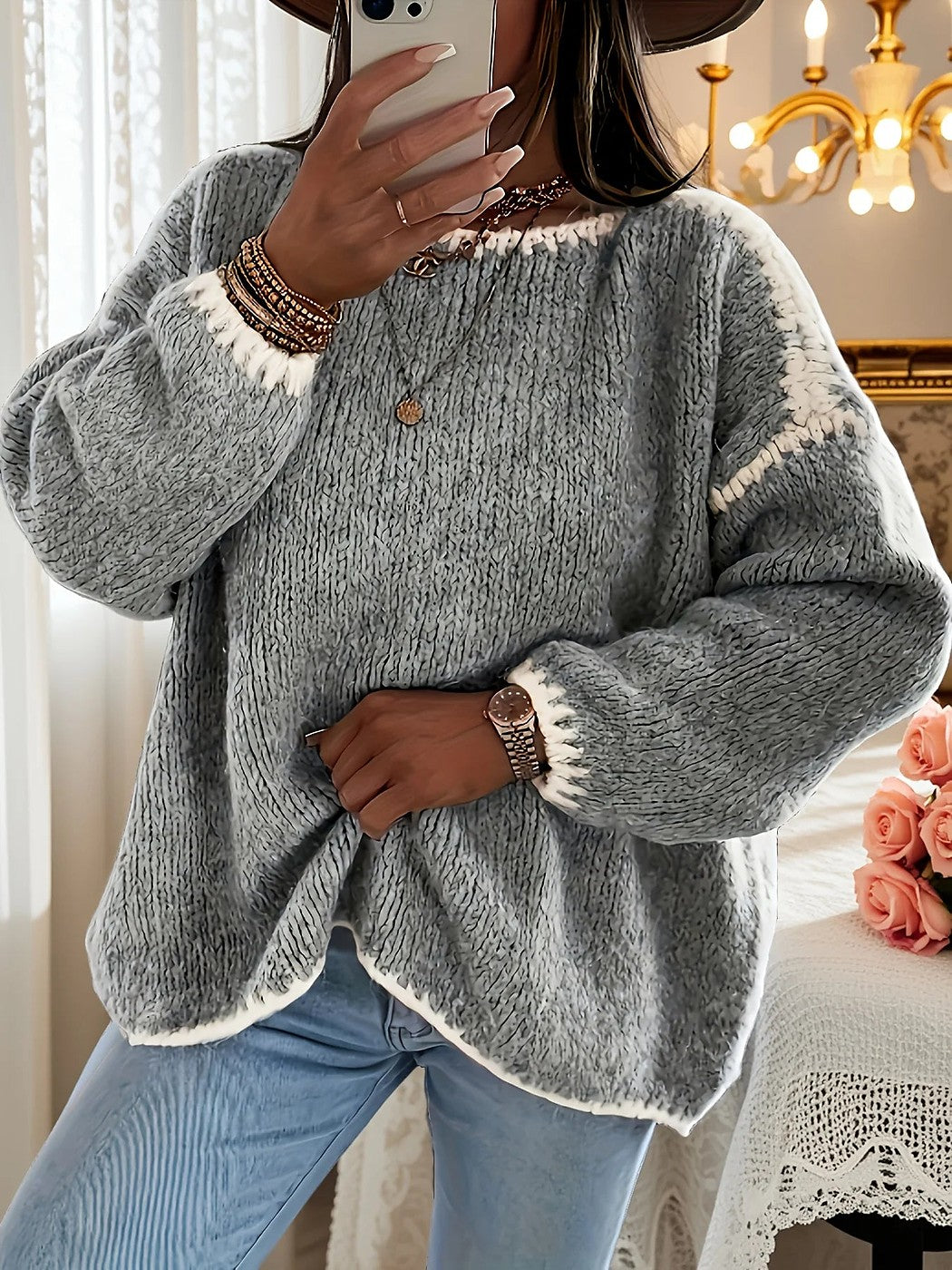 Women's Oversized Fuzzy Crewneck Sweater Contrast Cuffs