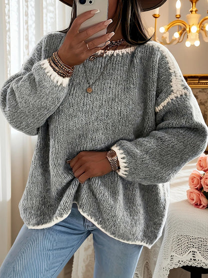 Women's Oversized Fuzzy Crewneck Sweater Contrast Cuffs