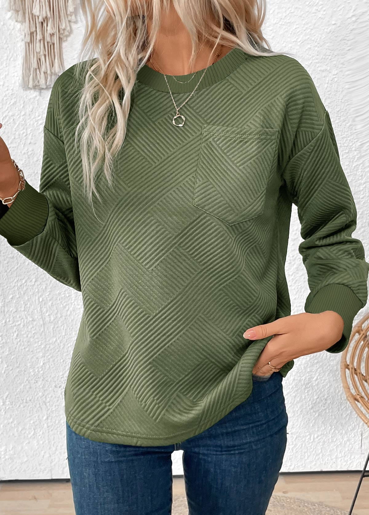 Women's Embossed Jacquard Crewneck Fall Sweatshirt