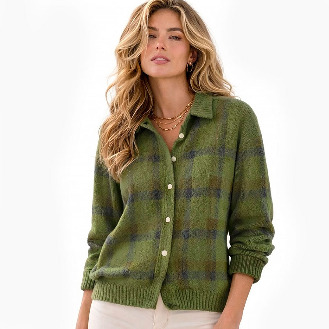 Damen Karierte Strickjacke mit Reverskragen und Knöpfen Jully