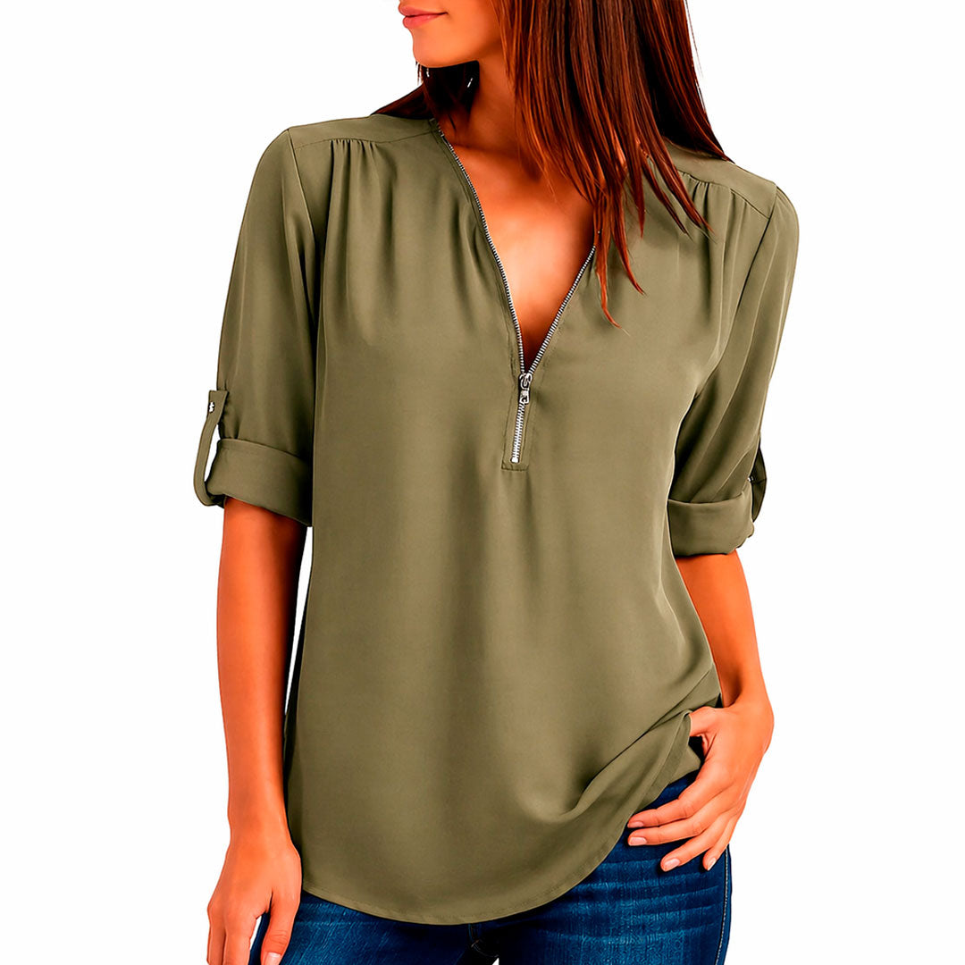 Damen V-Ausschnitt Bluse mit Reißverschluss Jully
