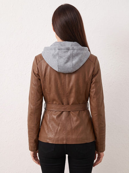 Women's Faux Leather Jacket Removable Hood