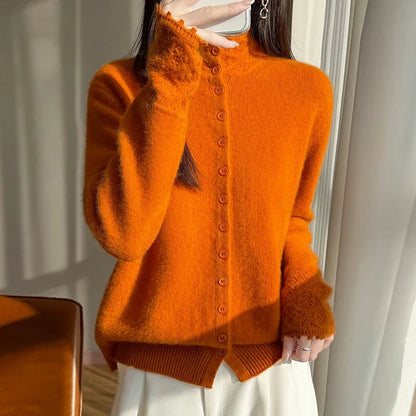 Women's Fuzzy Brushed Cardigan High Neck Buttons