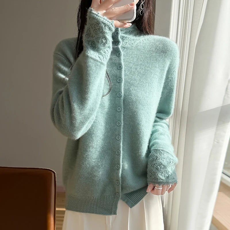 Women's Fuzzy Brushed Cardigan High Neck Buttons