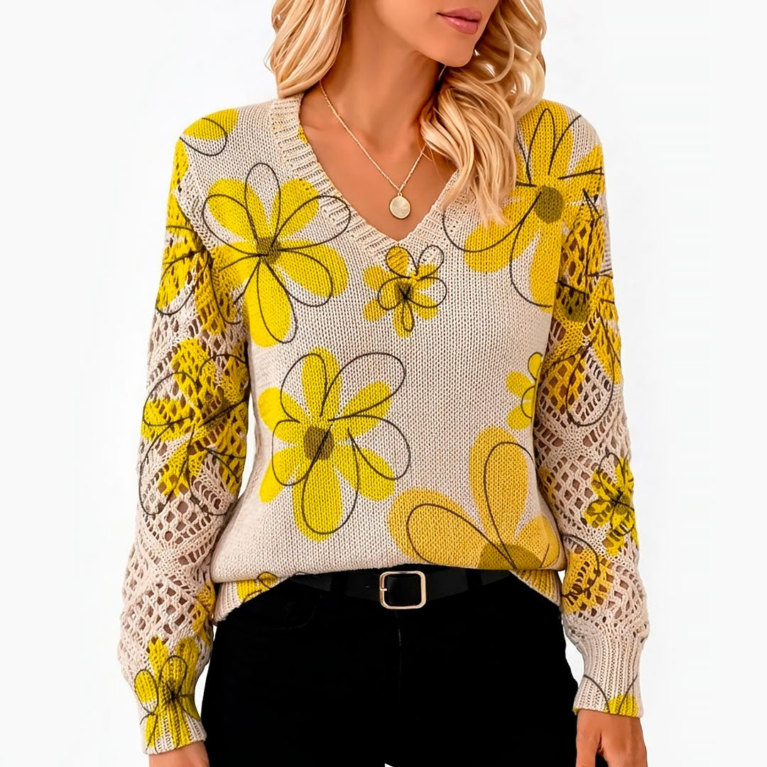 Damen Strickpullover mit Blumenmuster und V Ausschnitt Jully