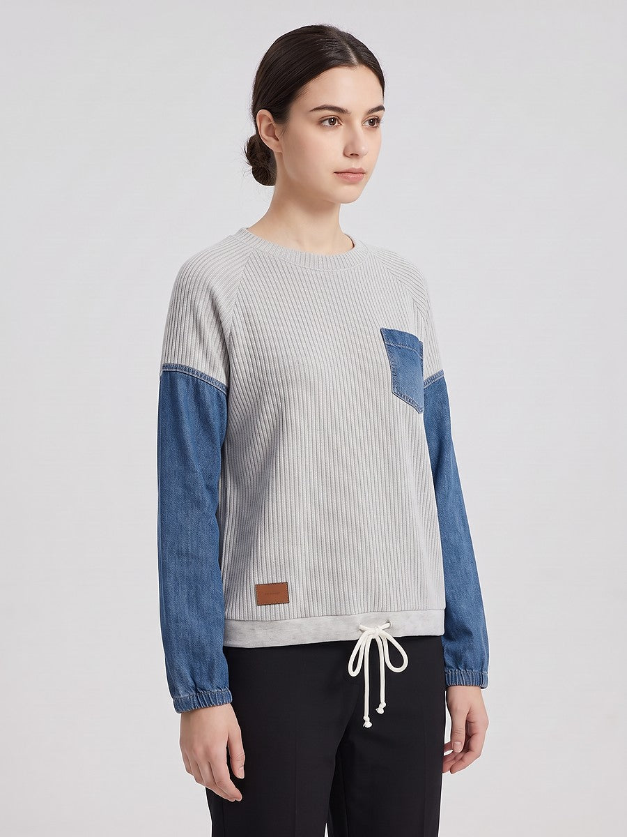 Women's Drawstring Hem Denim Sleeve Sweater