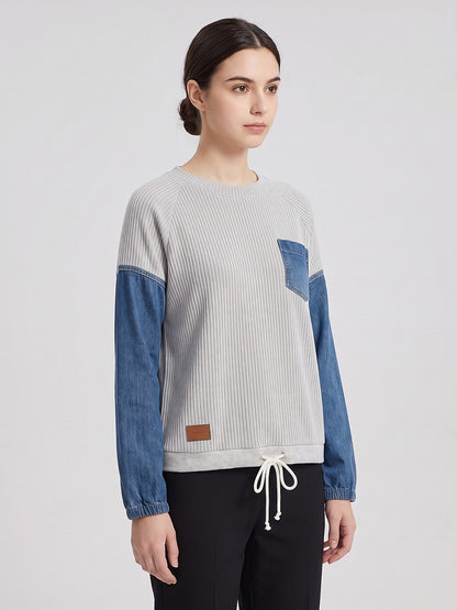 Women's Drawstring Hem Denim Sleeve Sweater